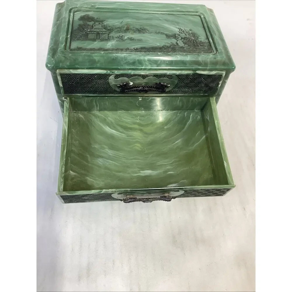 Vintage Green Marbled Celluoid Chinese Style Jewelry Box 3-Drawer